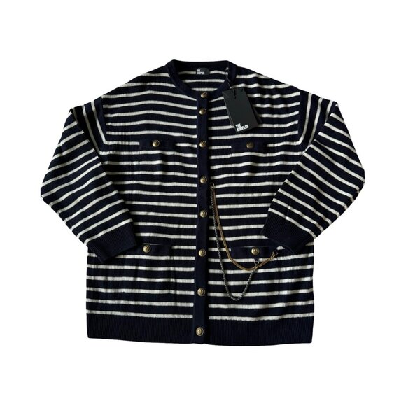 NWT The Kooples‎ Crew Neck Cardigan 100% Wool Blue White Stripe MSRP $525 - Picture 2 of 13